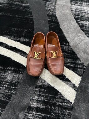 Louis Vuitton Tan Brown Leather Men's Slip-On Loafers with Gold LV Accent